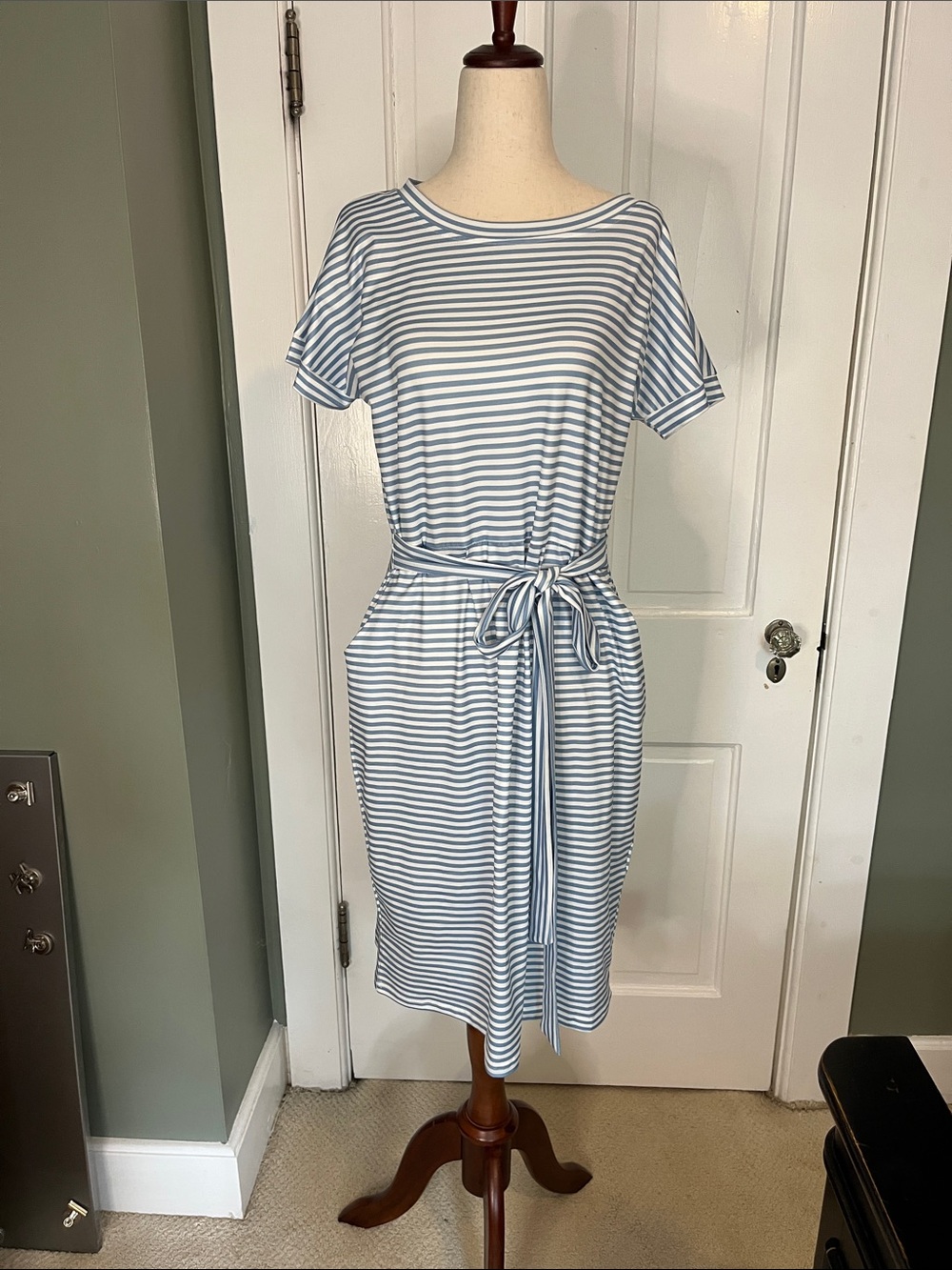 Striped Tie-Waist Midi Dress in Light Blue & White